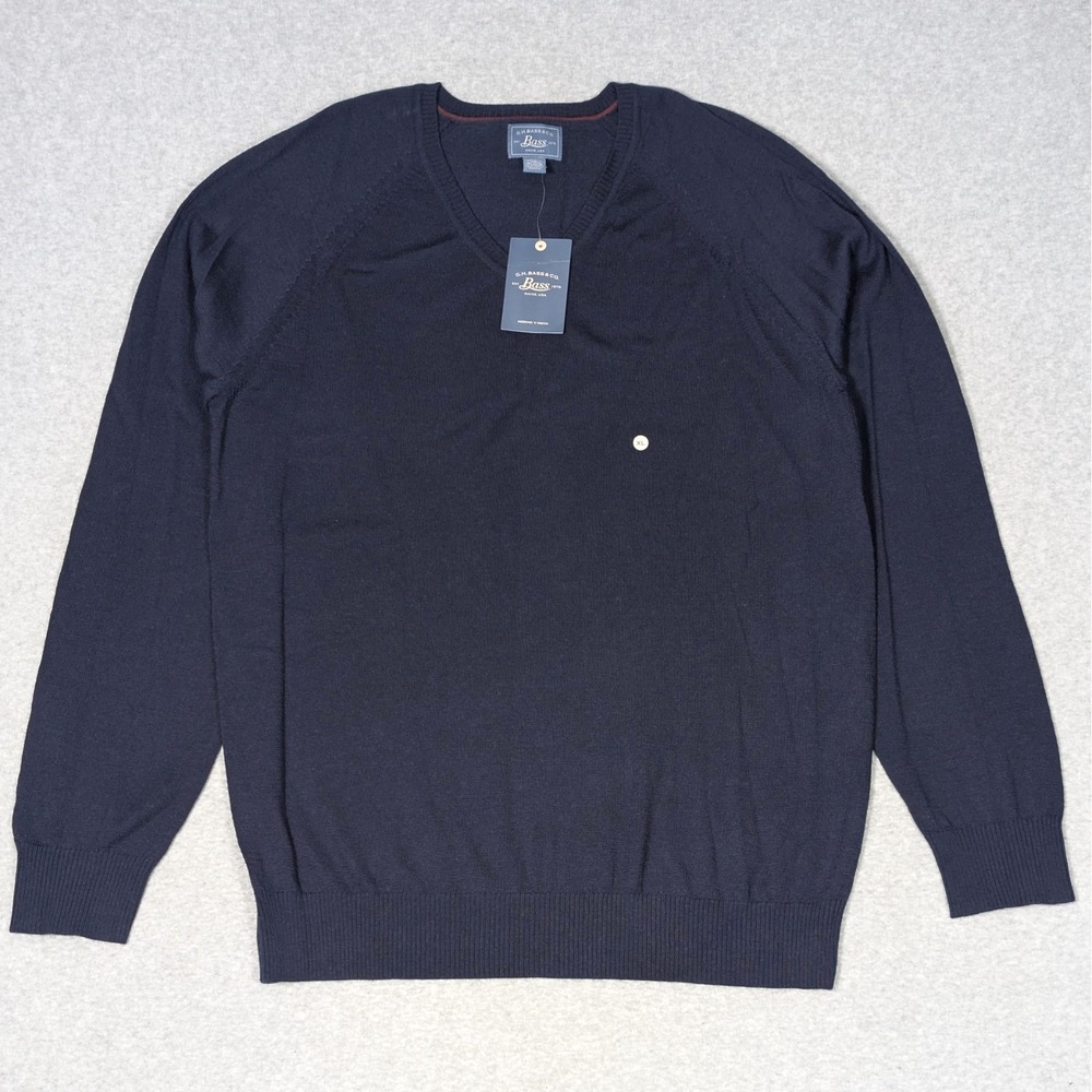 New GH Bass & Co. V-Neck Sweater Men's XL 100 % Merino Wool Pullover Cadet Navy
